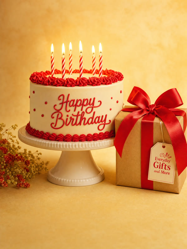 Birthday cake with candles and gift