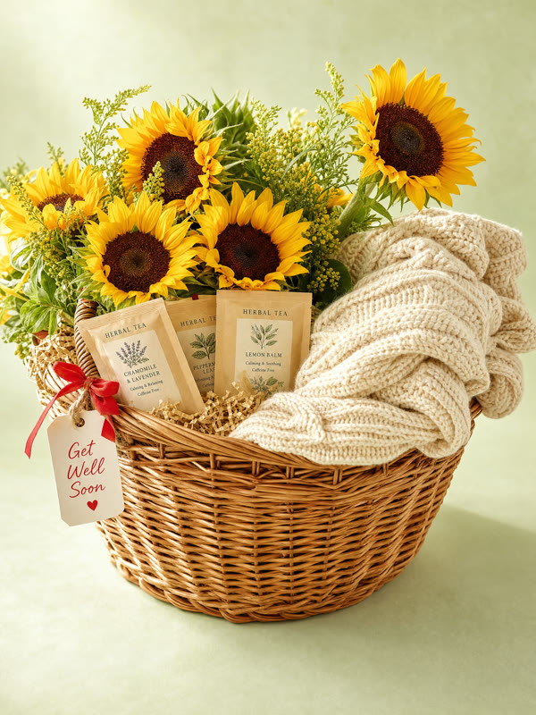 Get well care basket with sunflowers