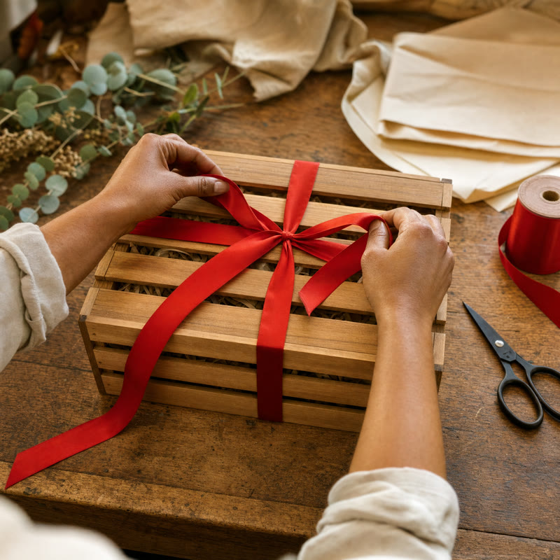 Wrapping a gift hamper with ribbon