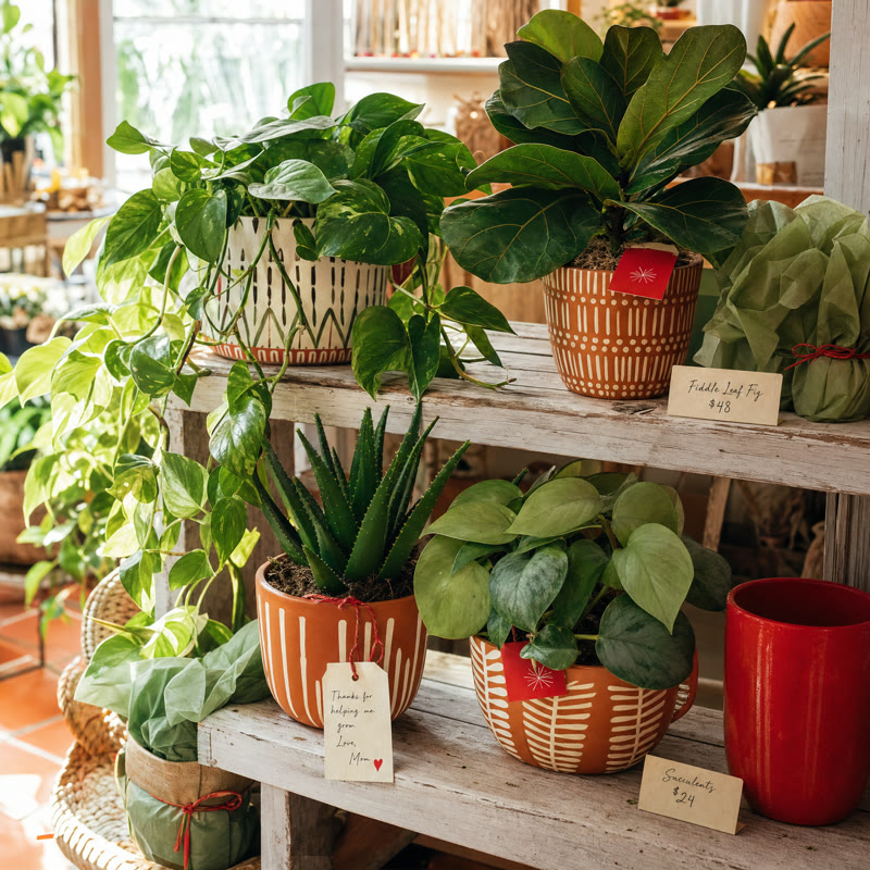 Potted plants in a sunlit shop corner