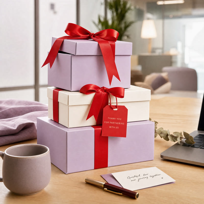 Corporate gift boxes with red ribbons